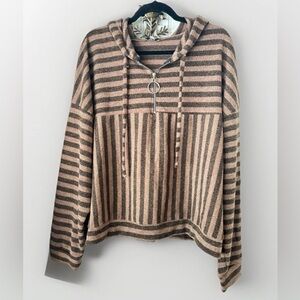 White Birch Cozy Striped Knit Hoodie with Quarter Zip & Drawstring